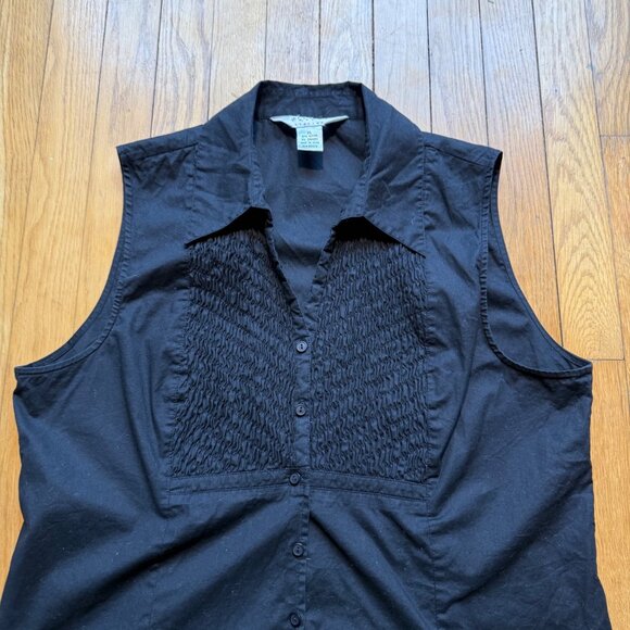 Vintage Allison Taylor Size XL Black Sleeveless Smocked Bib Button Front Shirt - Picture 7 of 13